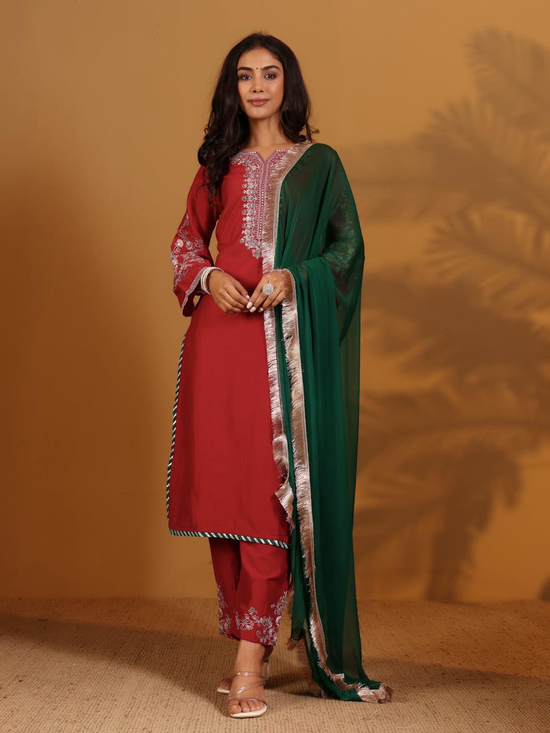 Varanga Zari & Sequin Thread Yoke Embroidered Straight Kurta Paired With Tonal Embroidered Bottom And Contrast Dupatta With Frin