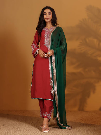 Varanga Zari & Sequin Thread Yoke Embroidered Straight Kurta Paired With Tonal Embroidered Bottom And Contrast Dupatta With Frin