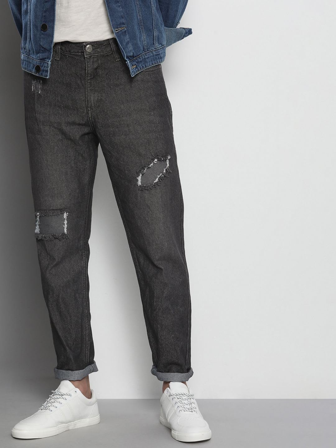 The Indian Garage Co Men Dad Fit Distressed Mid-Rise Jeans Charcoal
