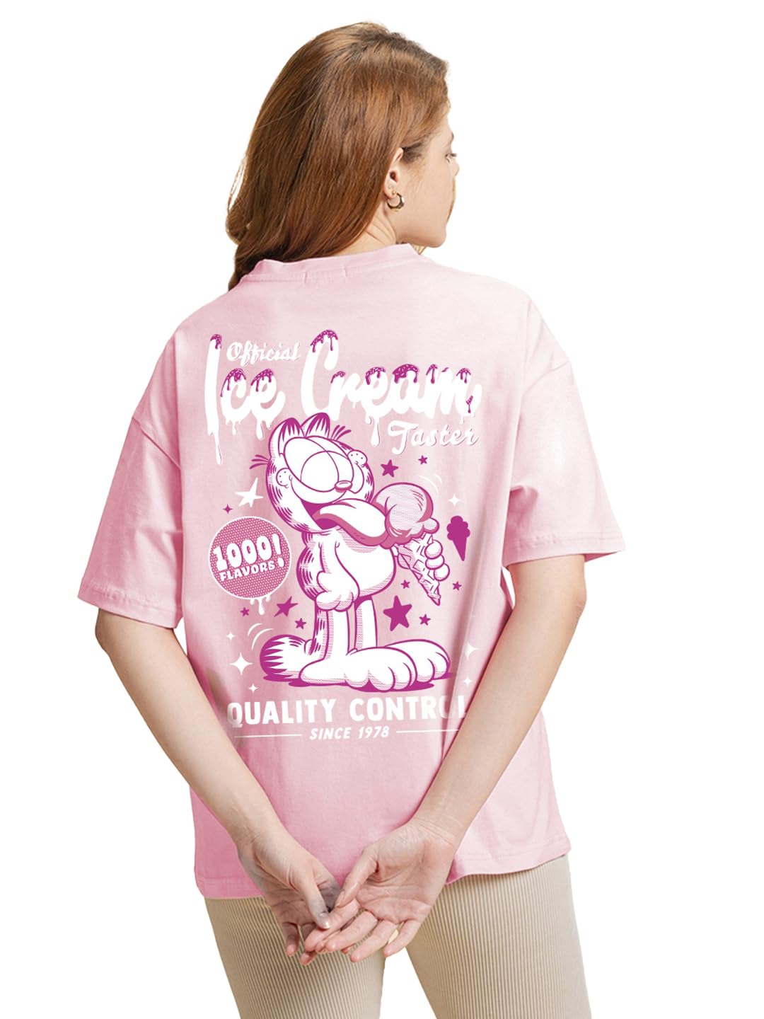 Bewakoof Official Garfield Merchandise Womens Cotton Graphic Printed Oversized Fit T-Shirt_585729_Pink_Medium