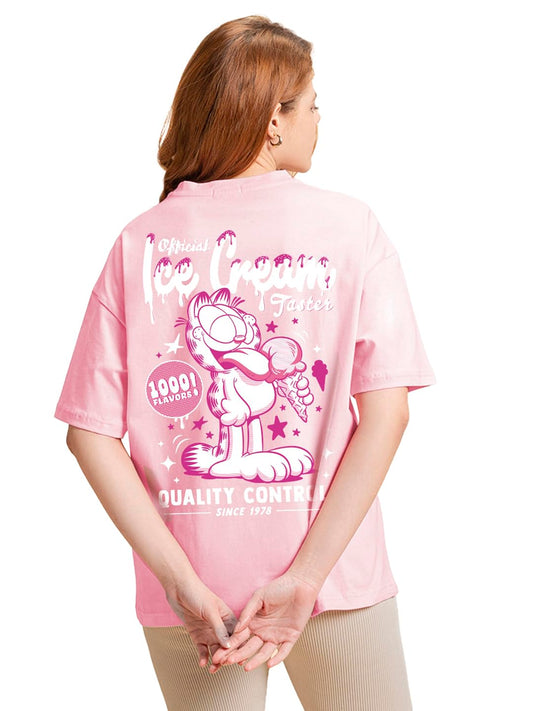 Bewakoof Official Garfield Merchandise Womens Cotton Graphic Printed Oversized Fit T-Shirt_585729_Pink_Medium