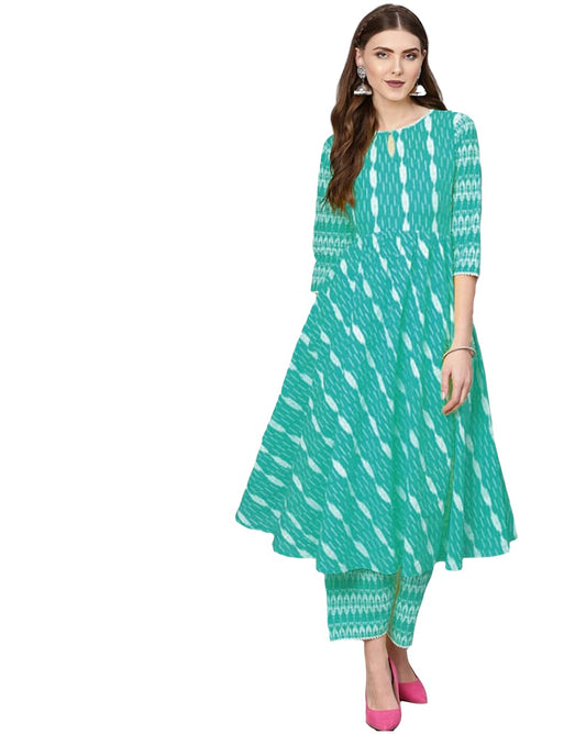 GoSriKi Women's Cotton Empire Printed Kurta with Palazzo(YASHIKA-Light-Blue_GO)