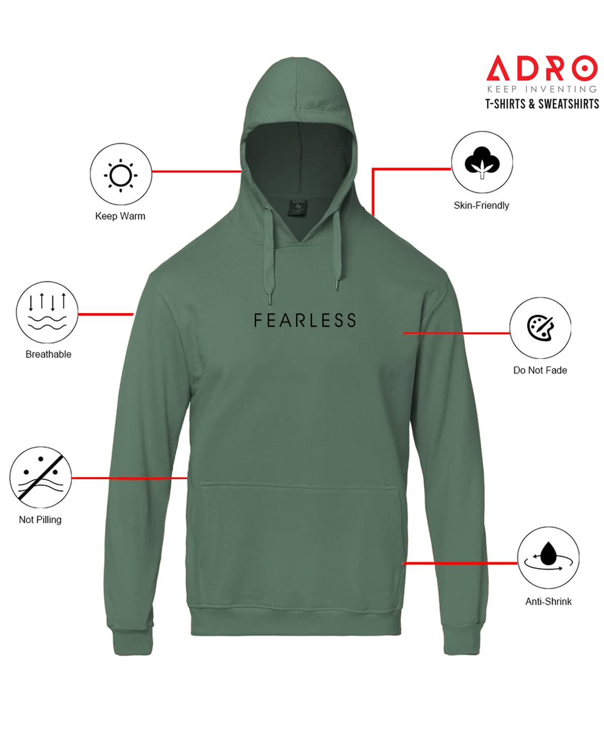 ADRO Fearless Printed Hoodie/Sweatshirt for Men (H22-M-FRL)