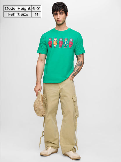 The Souled Store Squid Game: Lets Play Men and Boys Short Sleeves Round Neck Green Graphic Printed Regular Fit Cotton T-Shirts