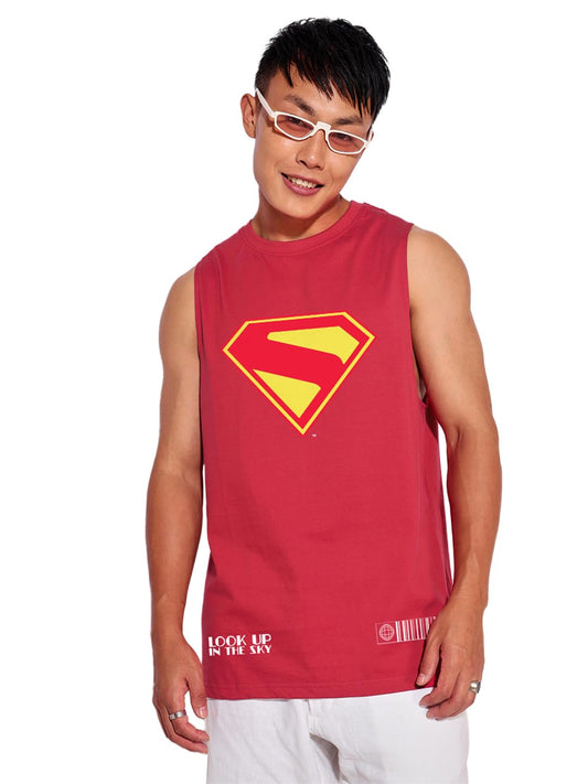 Bewakoof Official DC Merchandise Mens Graphic Print Boxy Fit Sleeveless Round Neck Pure Cotton Vest_683968_Red_M