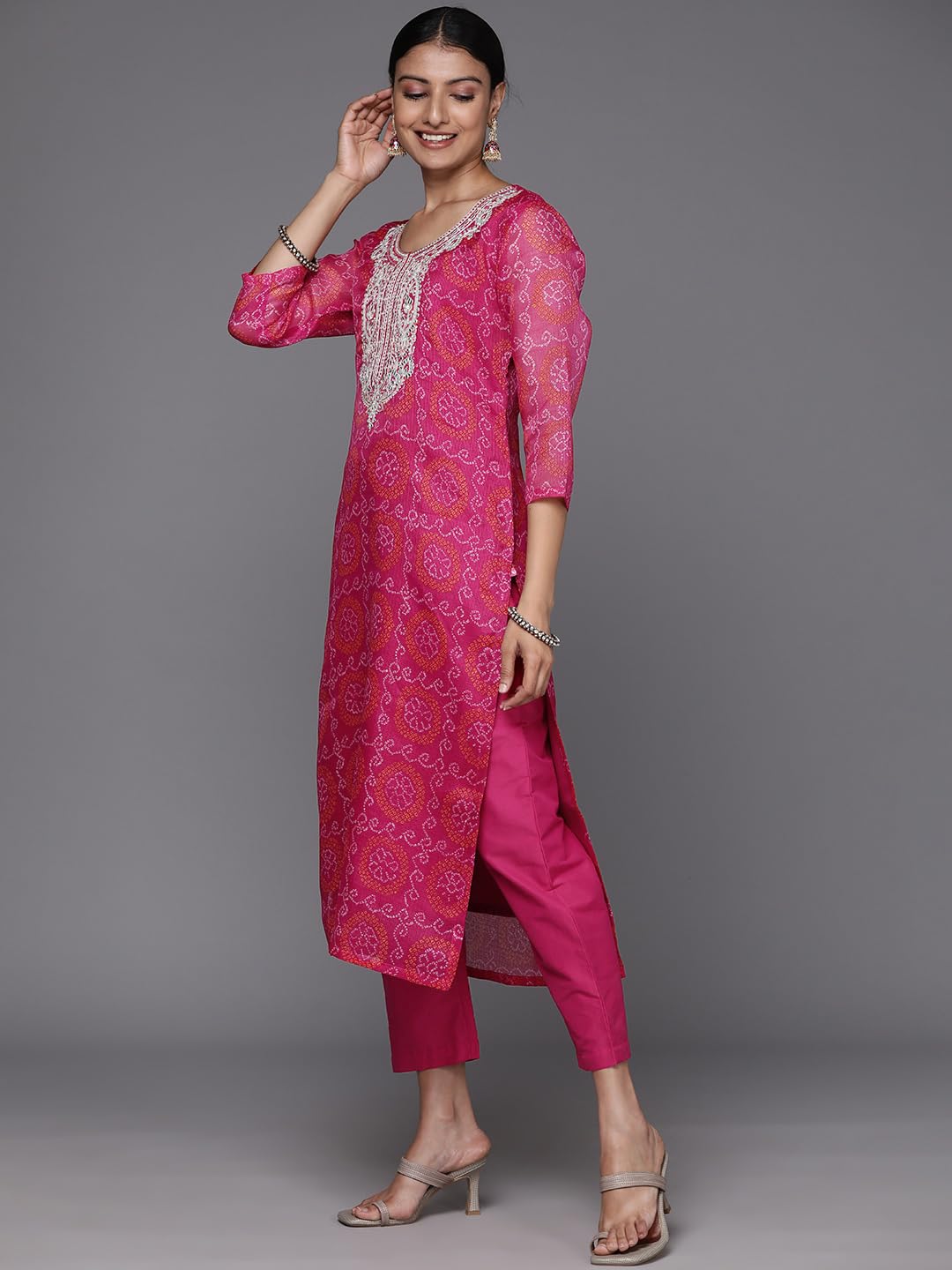 Varanga Women Fuchsia Bandhani Printed Gota Yoke Embroidered Straight Kurta, Paired With Tonal Bottom And Dupatta.