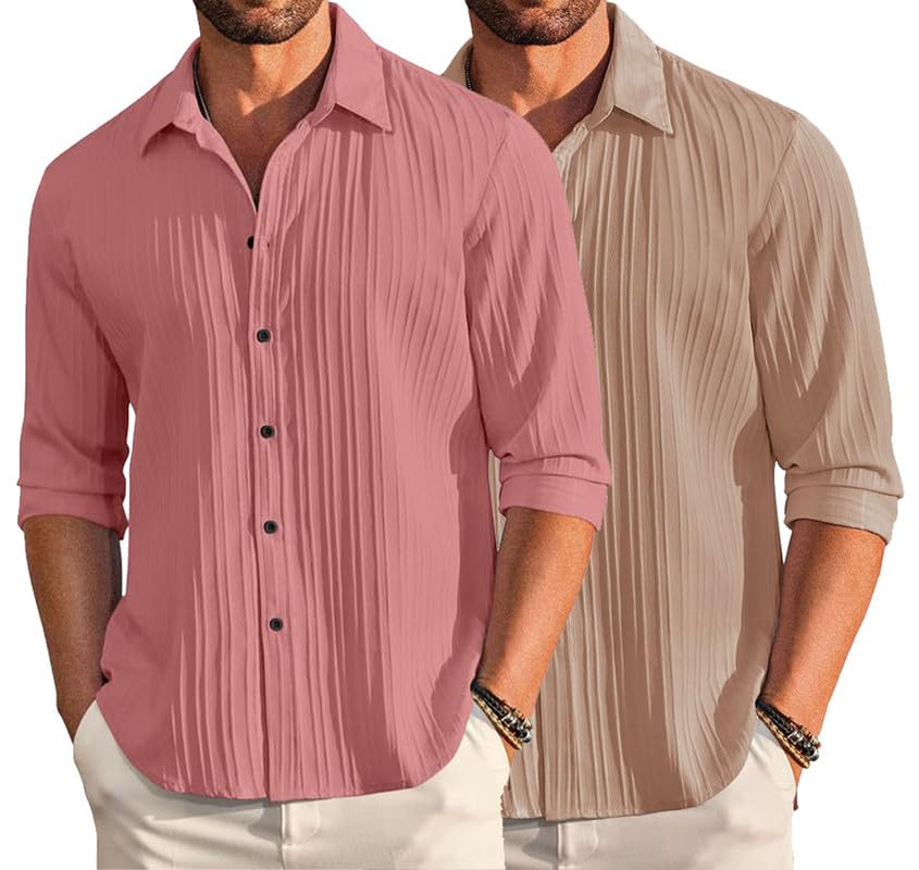 Deelmo Combo Of MenS Casual Button Down Shirts Long Sleeve Linen Shirt Fashion Textured Summer Shirts Pack Of 2