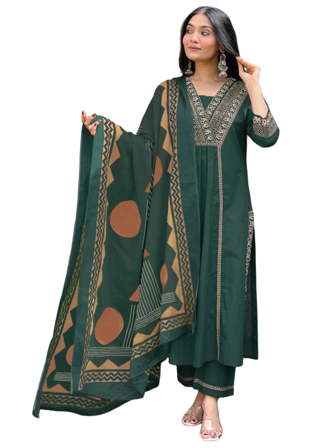 ANNI Designer Womens Rayon Viscose Anarkali Printeded Kurta with Pant & Dupatta (TRIGUNI GREEN-VKS01_S_Green_Small)