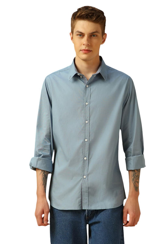 Dennis Lingo Solid Full Sleeves Button Down Collar Cotton Regular Fit Men Casual Shirt Dusty Blue