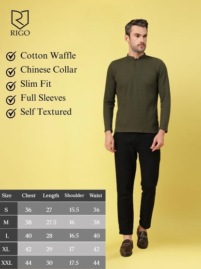 Rigo Printed Casual T-Shirts for Men | Waffle Knit Solid T-Shirt for Men | Full Sleeves T-Shirts for Men
