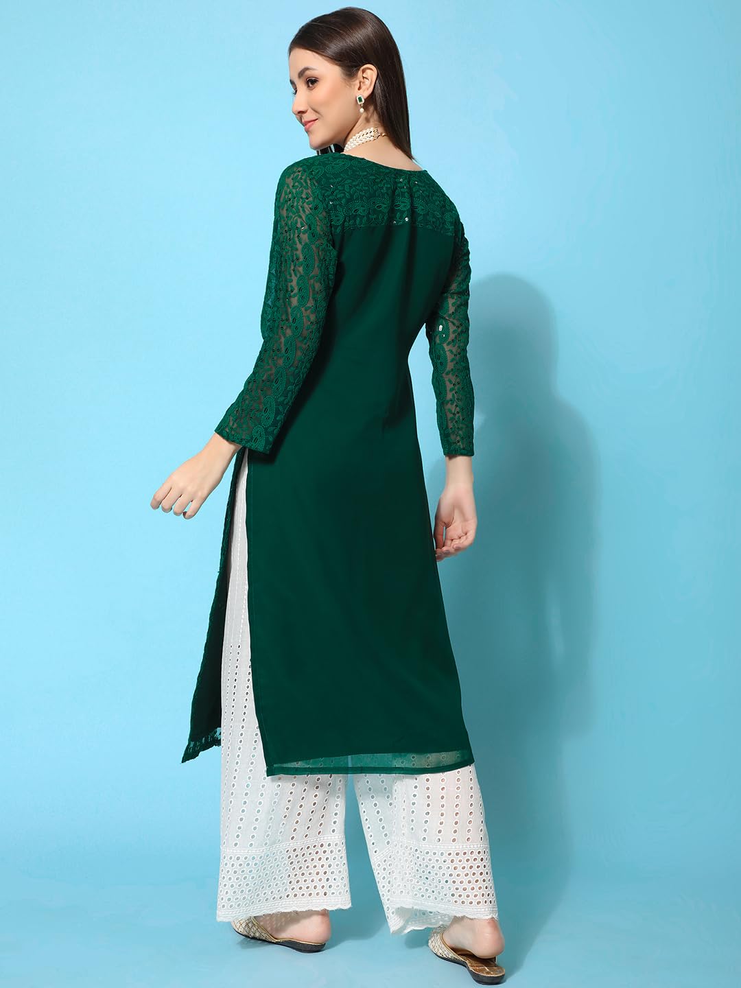 Gufrina WomenS Georgette Straight Kurta Palazzo With Notch Neck 3/4Th Sleeves Solid Pattern Chikankari Work Calf Length And Reg