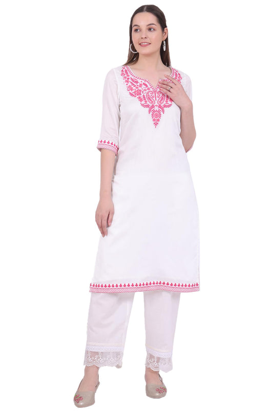 Aurelia Women's White Embroidered Pure Cotton Straight Kurta