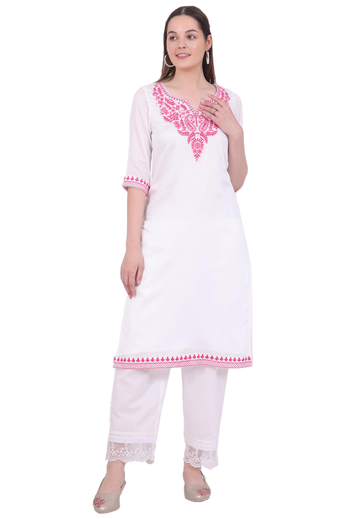 Aurelia Women's White Embroidered Pure Cotton Straight Kurta (Size: M)-A15733-608380A