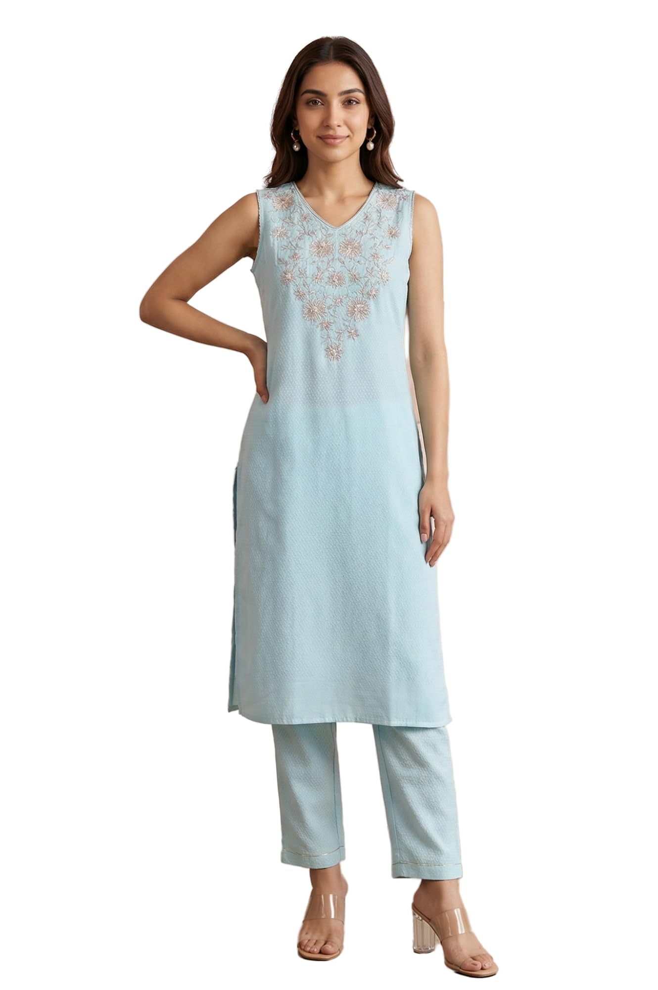 Aurelia Women'S Light Blue Zari Embroidered Straight Kurta With Trousers Co-Ord Set - (Astb16393-609242-Xxl)