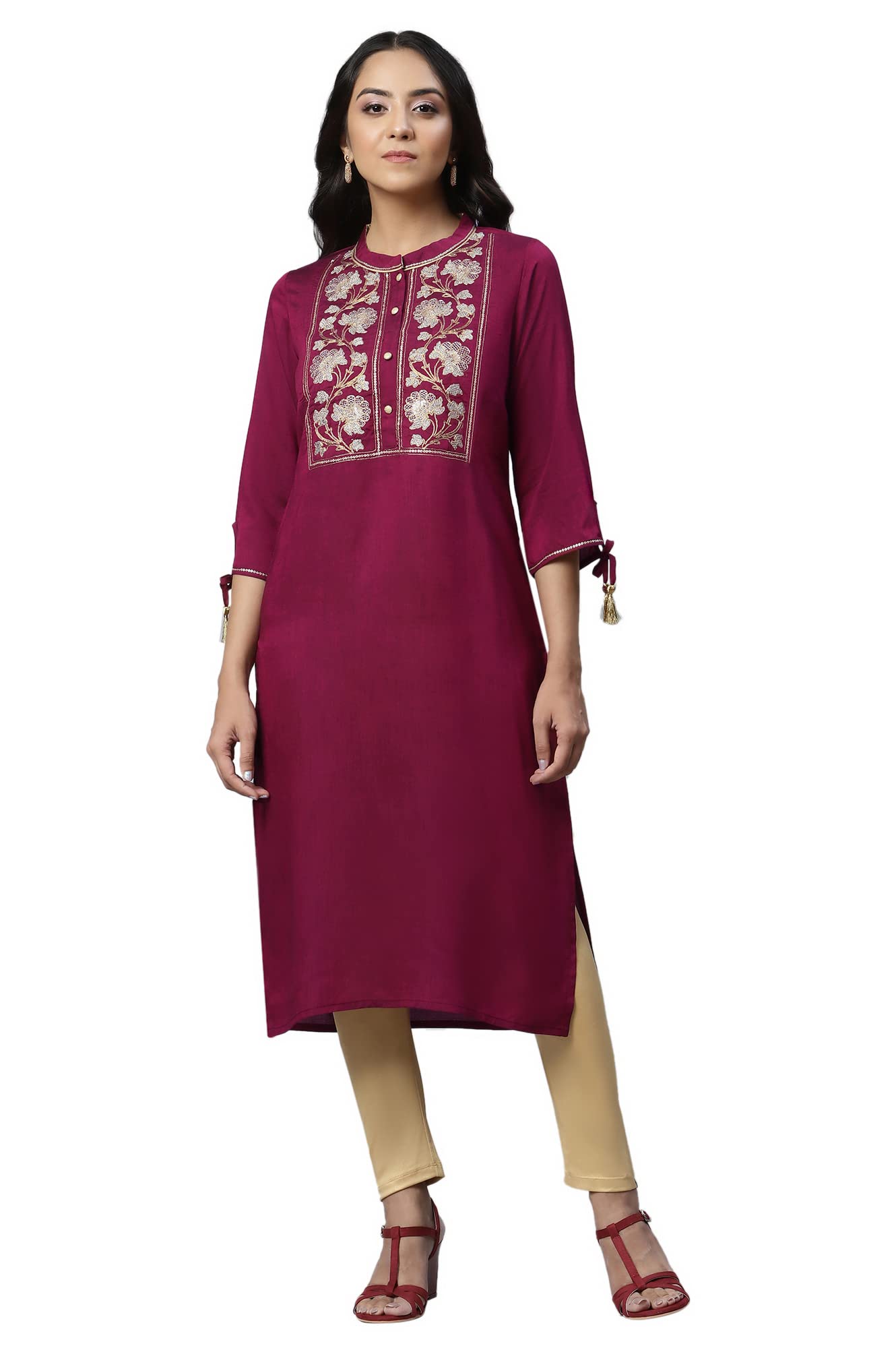 Aurelia Women's Viscose Fuschia Solid Band Collar Straight Kurta