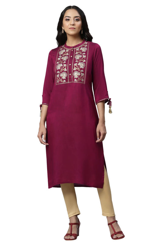 Aurelia Women's Viscose Fuschia Solid Band Collar Straight Kurta