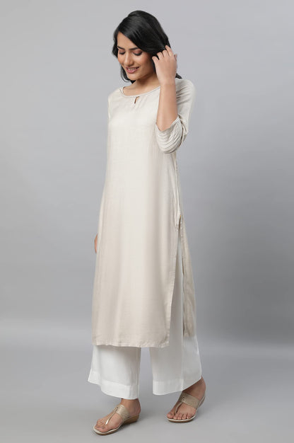 Aurelia Beige Solid Straight Long Kurta With Lace