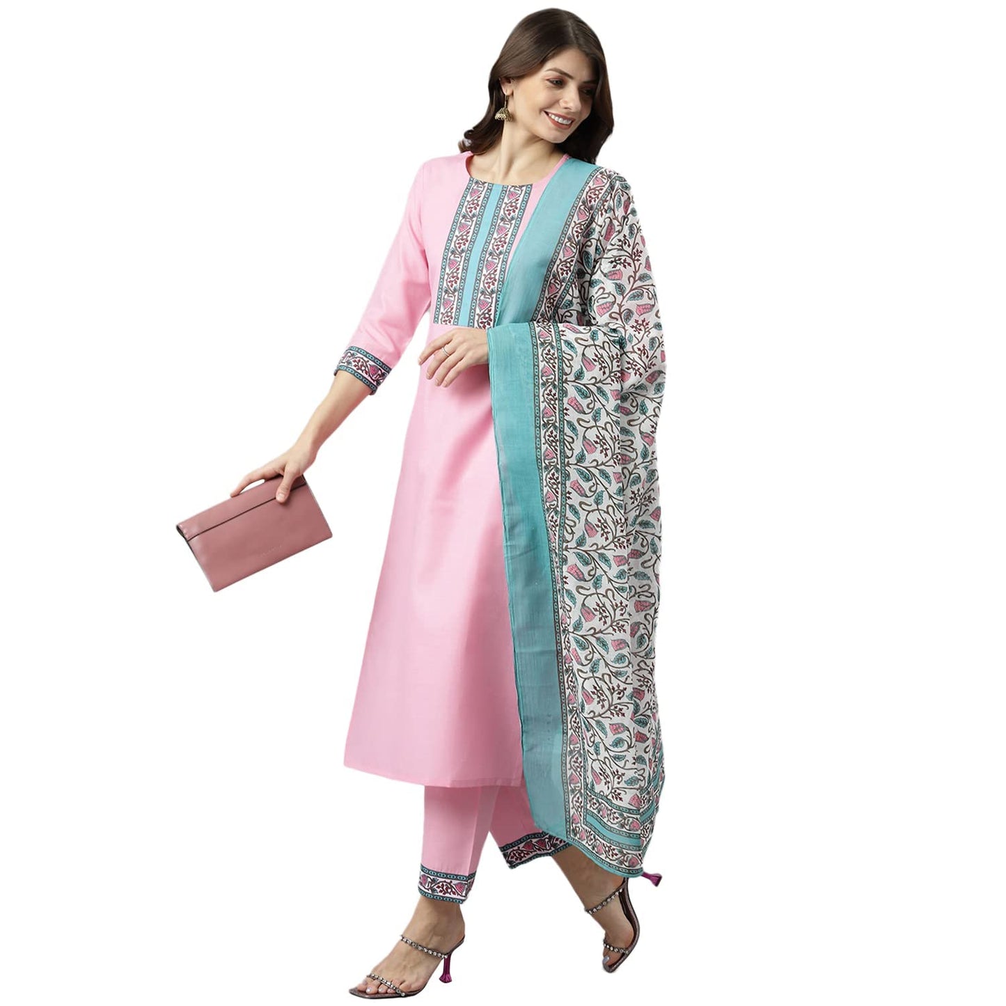 ANNI DESIGNER Womens Polycotton Straight Kurta with Pant & Dupatta (Karan) Pink