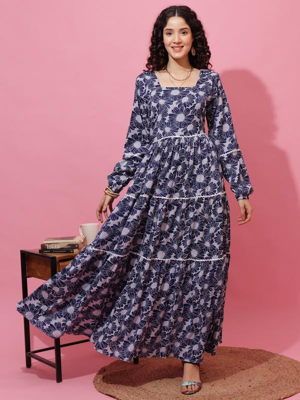 Sheetal Associates WomenS Navy Blue Floral Printed Tiered Fit & Flare Maxi Dress| Comfortable Relaxed Fit Summer Dress