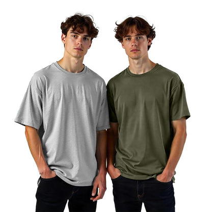 Nobero MenS Solid Oversized Fit T-Shirt (1M-Twrt-R0002_Grey Melange/Olive