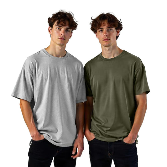 Nobero MenS Solid Oversized Fit T-Shirt (1M-Twrt-R0002_Grey Melange/Olive