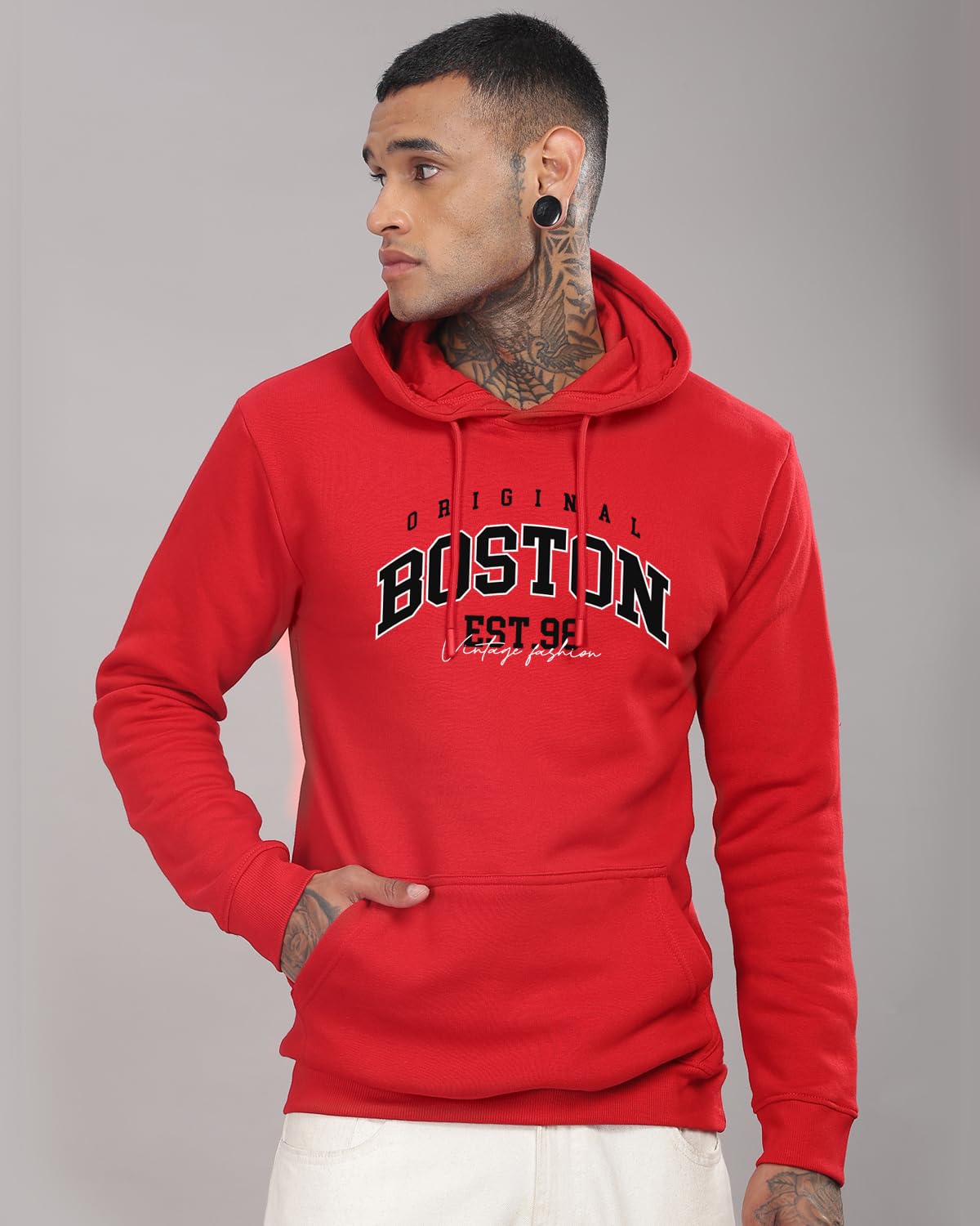 ADRO Men's Cotton Neck Hooded Sweatshirt (H24-BOST-RD_Red