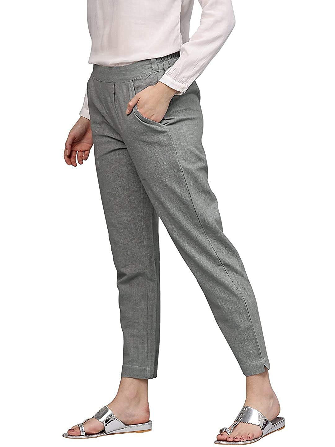 Digital Shopee Women Regular Fit Elastic Waist Full Length Cotton Formal Trouser For Casual Wear, Office Wear Grey
