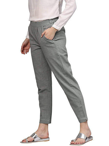Digital Shopee Women Regular Fit Elastic Waist Full Length Cotton Formal Trouser For Casual Wear, Office Wear Grey