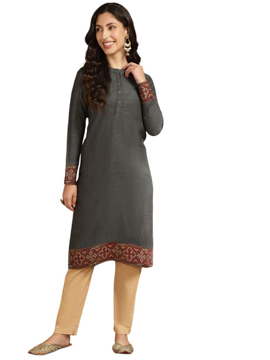rangita Grey Acrylic Calf Length Printed Straight Kurti for Women | Kurta for Women