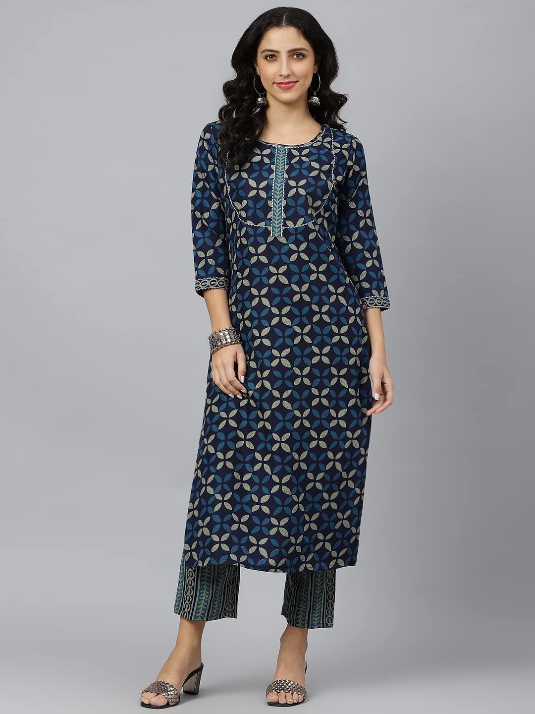 ANNI DESIGNER Women's Cotton Blend Printed Straight Kurta with Pant (Toni Bill Nw)