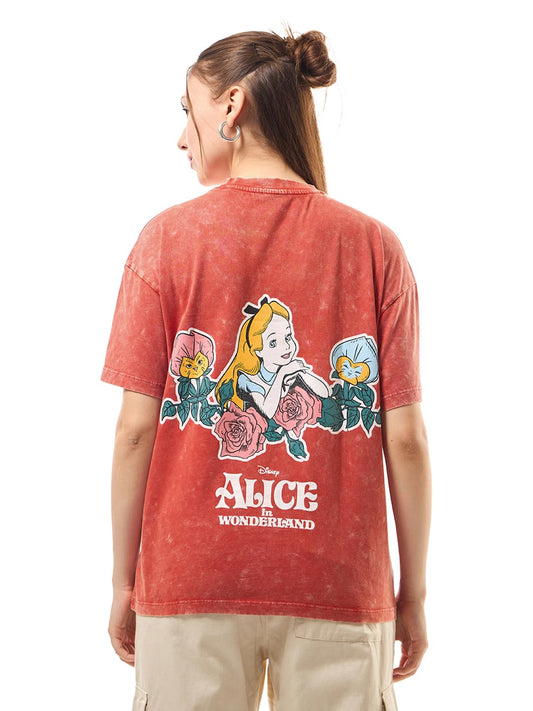Bewakoof Official Disney Merchandise Alice Womens Graphic Printed Oversized Fit Half Sleeve Round Neck Cotton Jersey Acid Wash 