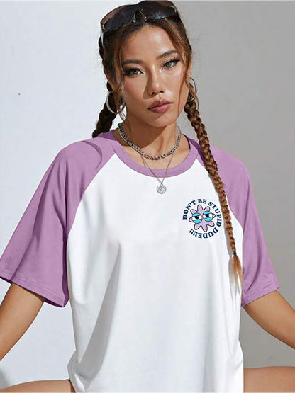 Juneberry 100% Pure Cotton Oversized Baggy Fit Drop Shoulderlilacgraphic Printed Raglan Sleeves Boyfriend T-Shirt For Women & Gi
