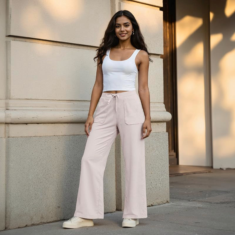 BlissClub Work-to-Wine Twill Drawstring Pants | Wide Silhouette | 2 Roomy Pockets | Elasticated Waistband | Adjustable Drawcord