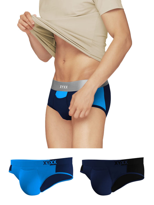 XYXX Mens Underwear Dualist IntelliSoft Antimicrobial Micro Modal Brief Pack of 3 (Black Iris & Black ; Brilliant Blue & Black