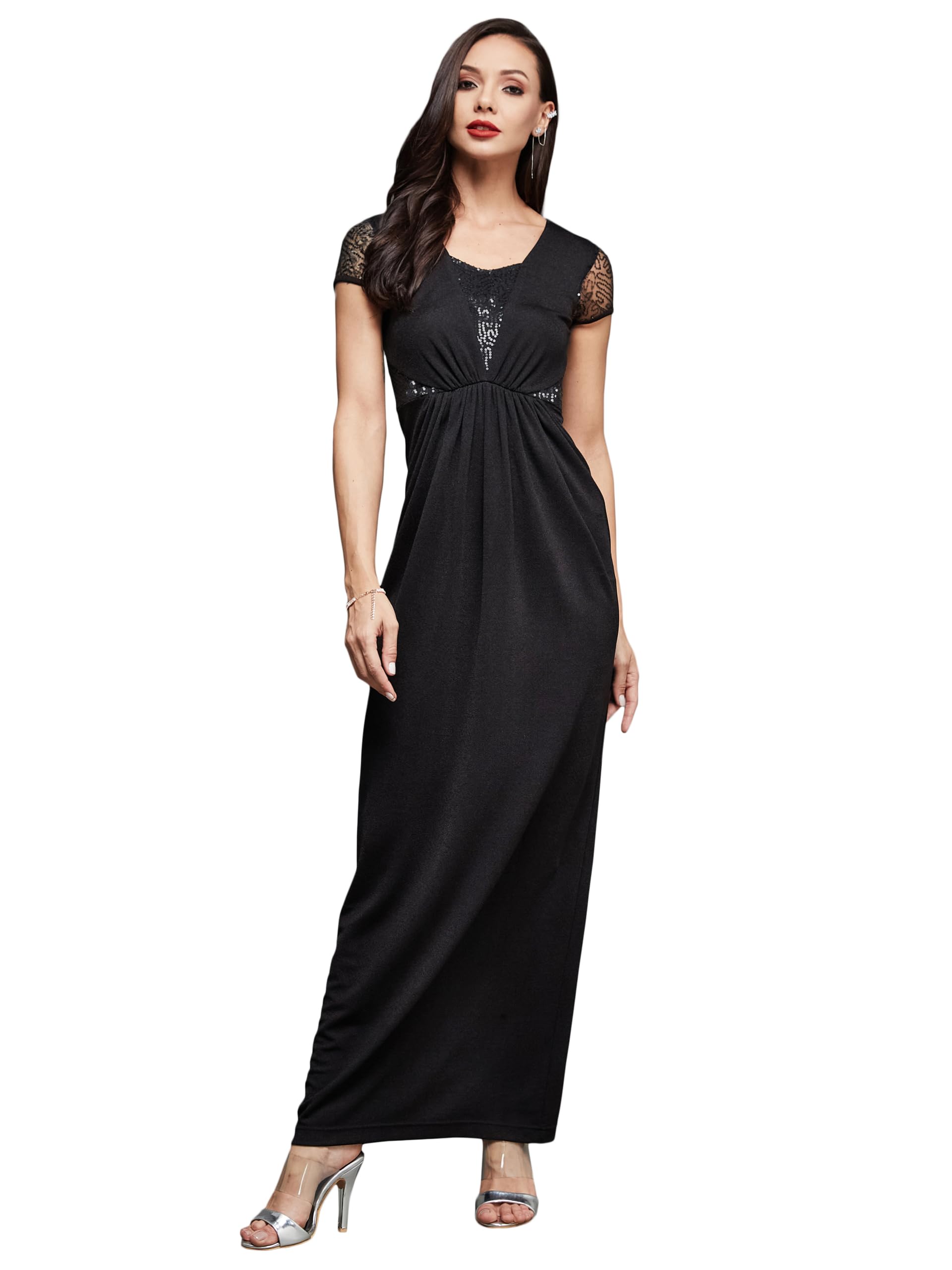 Miss Chase WomenS Sweet Heart Neck Short Sleeve Embellished Gathered Polyester Maxi Dress (Mcss23D13-77-62-06, Black, Xl)