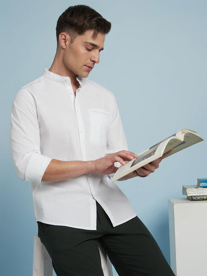 Dennis Lingo Men Solid Mandarin Collar Full Sleeves Regular Fit Casual Shirt Paper White
