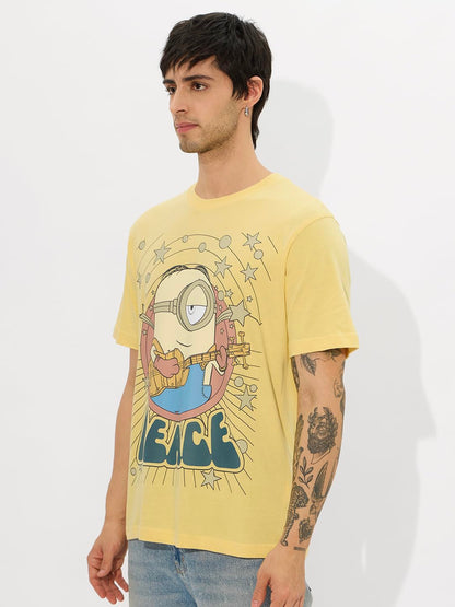 The Souled Store Official Minions: Peace Men and Boys Short Sleeves Round Neck Yellow Graphic Printed Regular Fit Cotton T-Shirt