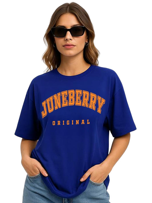 Juneberry Royal Blue Oversized Drop Shoulders Brand Logo Typography Print Round-Neck Relaxed Fit T-Shirt For Women (Jb_Os_100_Jb