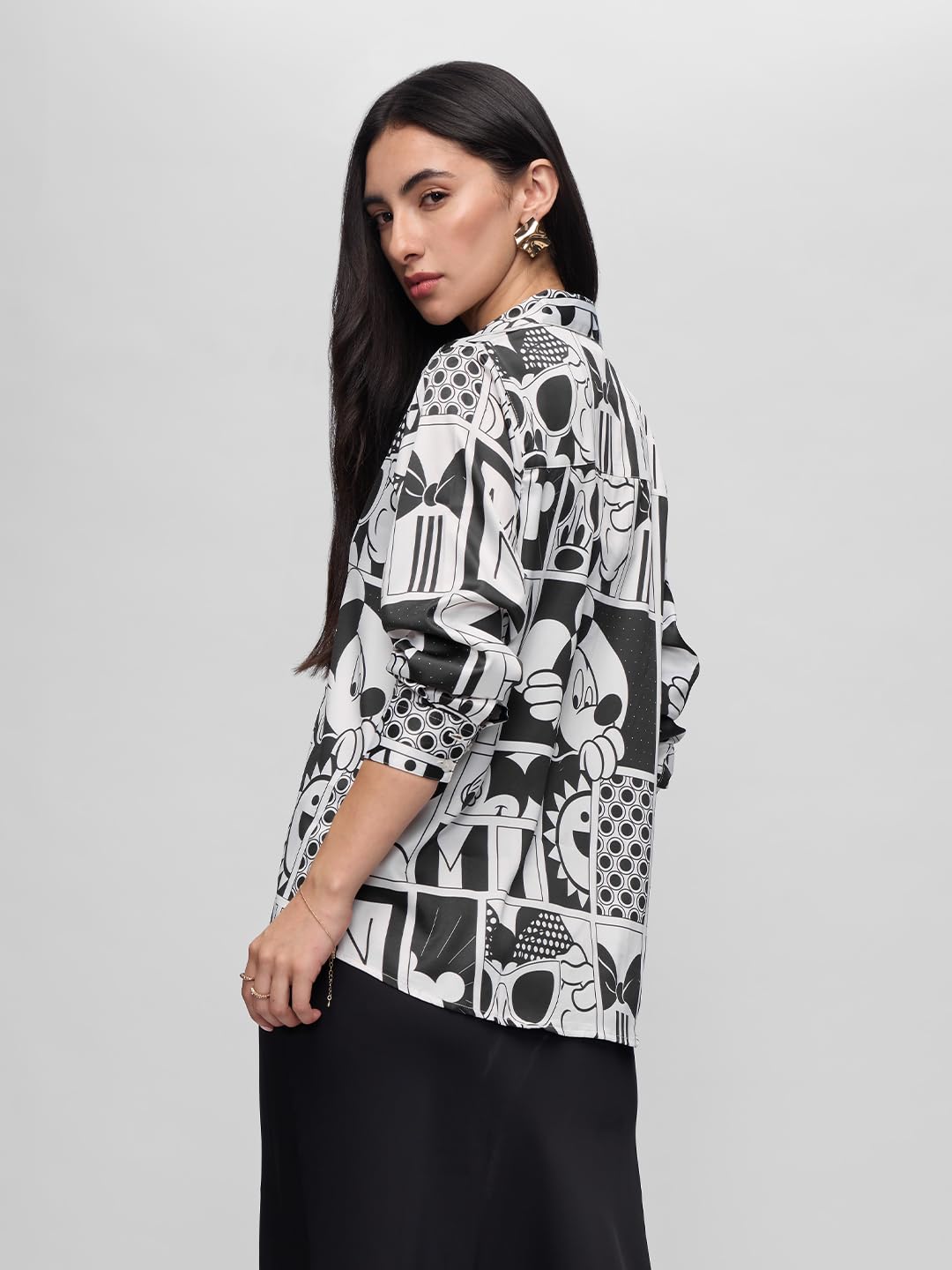 The Souled Store Official Mickey Mouse: Checkered Charm Women and Girls Long Sleeve Collared Neck All Over Print Button Front Re