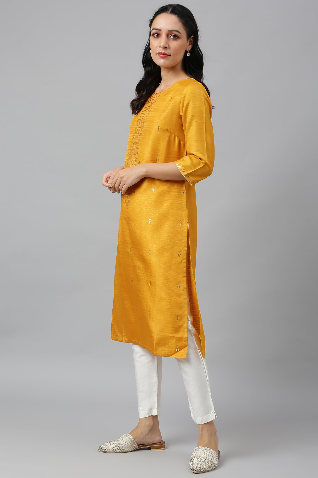 W Yellow Geometric Printed Gold Mukaish Regular Kurta For Women