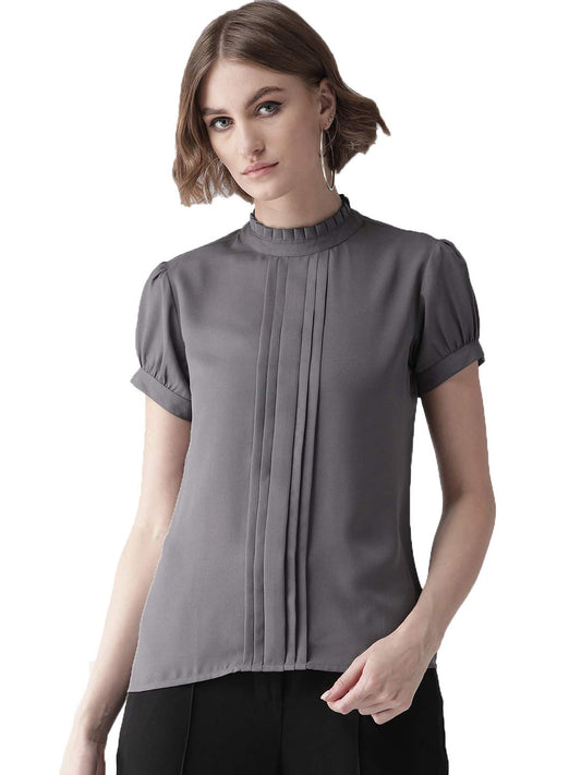 Style Quotient Women Solid Grey Polyester Regular Smart Casual Top