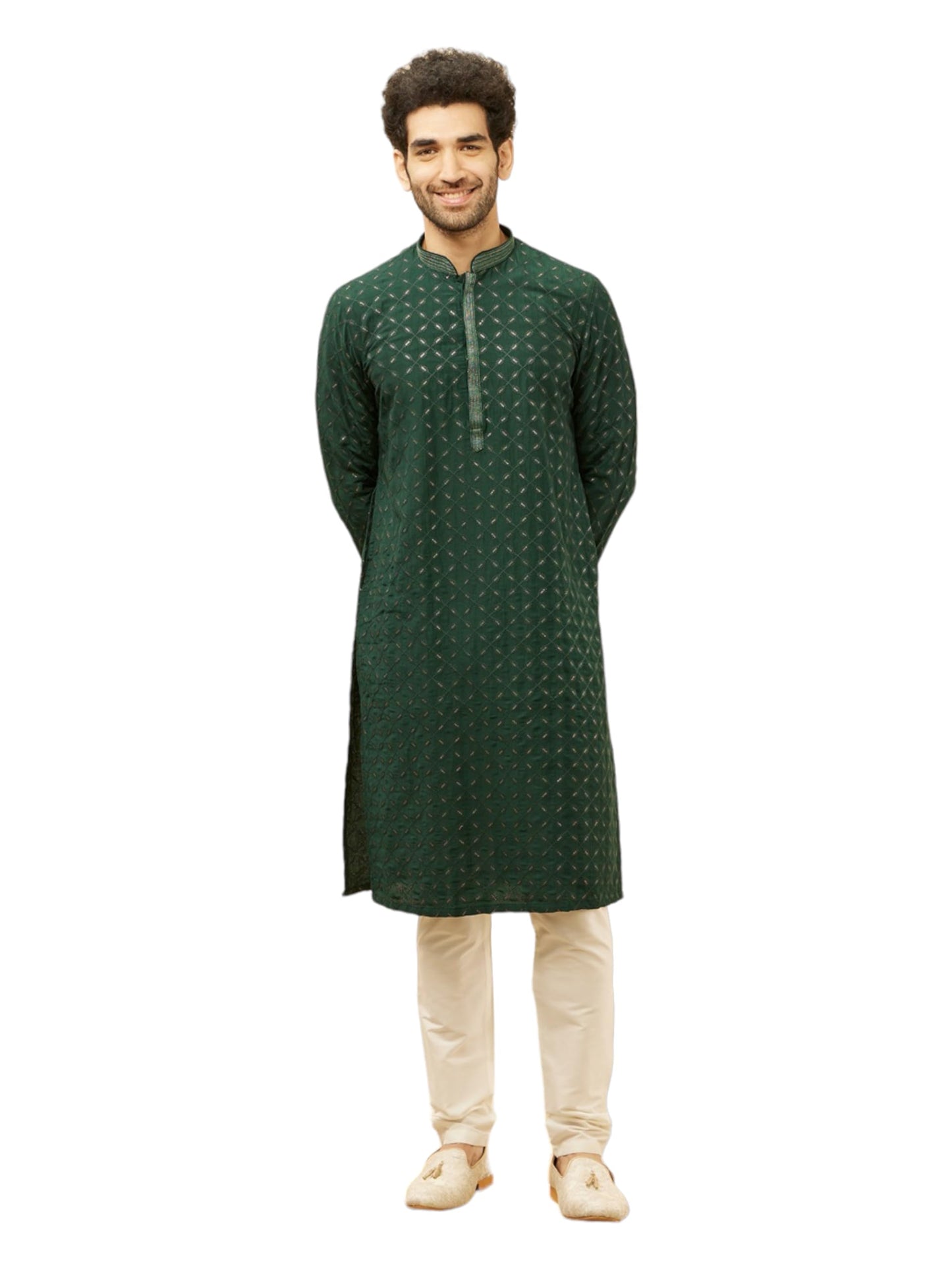 Manyavar Mens Green Art Silk Self Design Kurta Pyjama Set