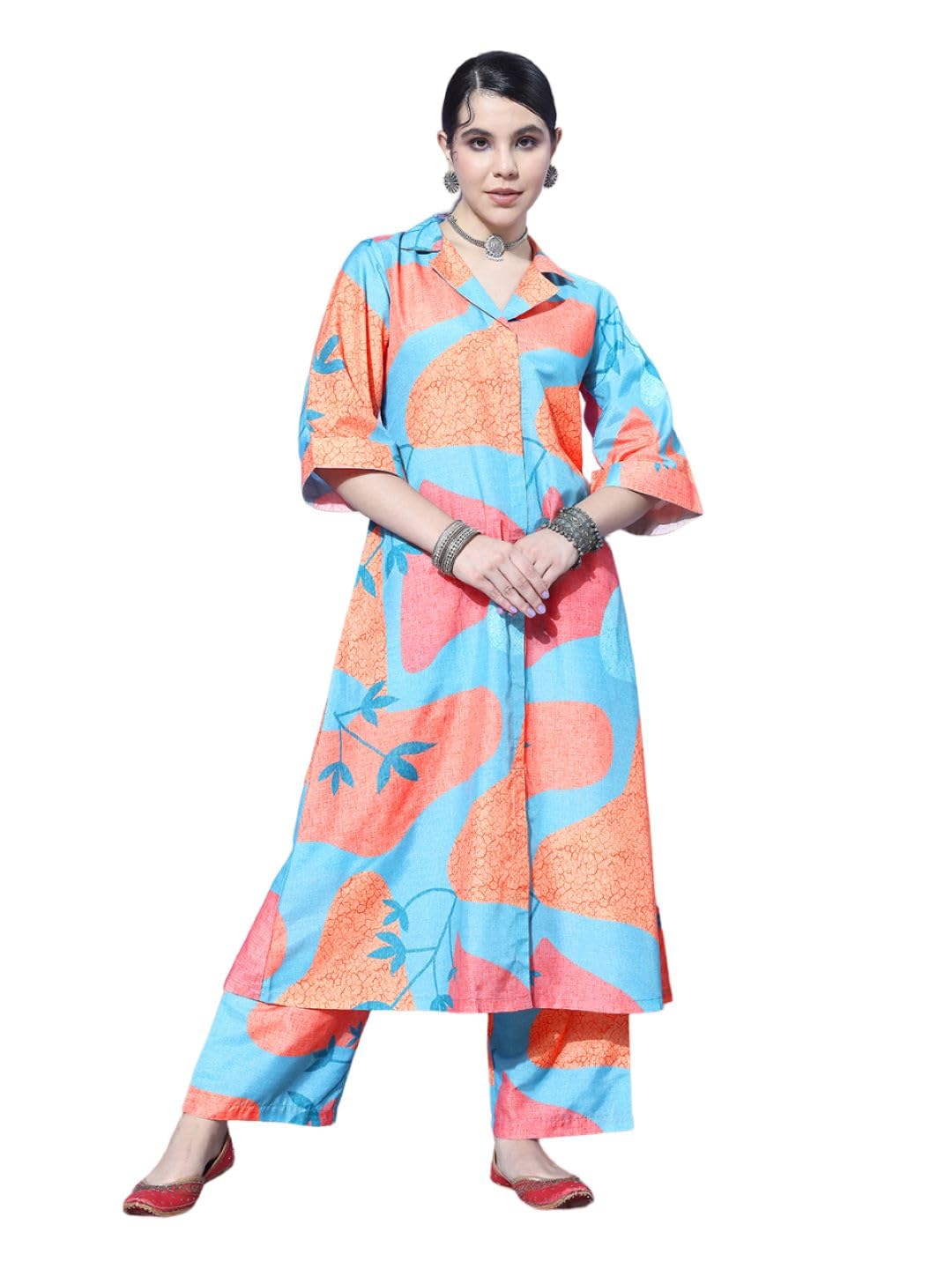 Varanga Women Blue and Rust Abstract Printed Shirt Collar A-Line Kurta Paired with Tonal Bottom