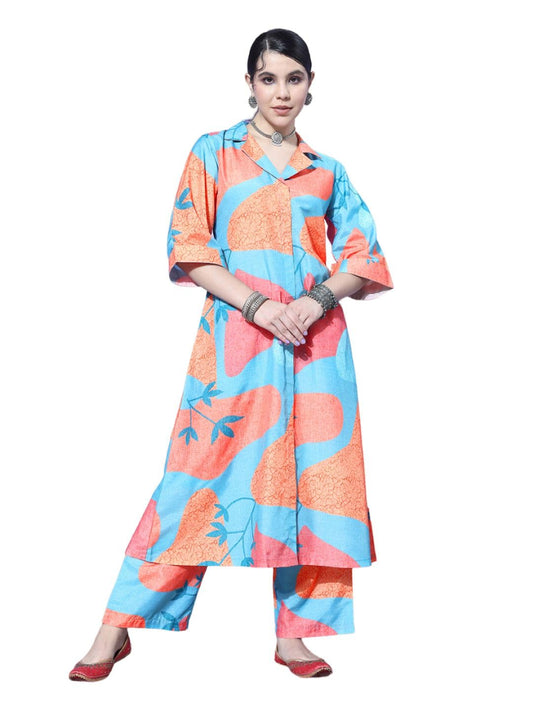Varanga Women Blue and Rust Abstract Printed Shirt Collar A-Line Kurta Paired with Tonal Bottom