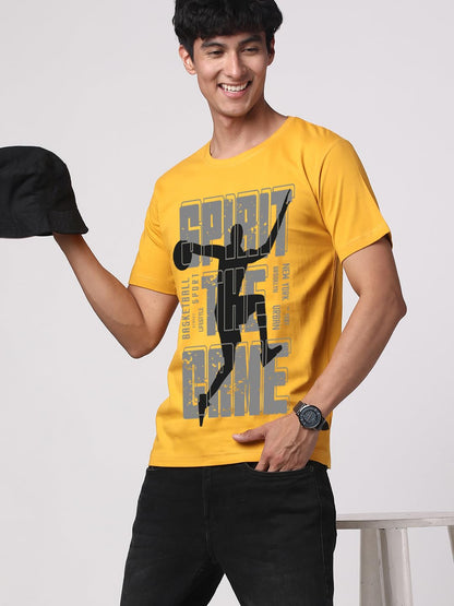 ADRO Sports Design Printed T-Shirt for Men - 100% Cotton, Regular Fit, Soft Breathable Fabric. (RN23-M-SPR-MU_Mustard)