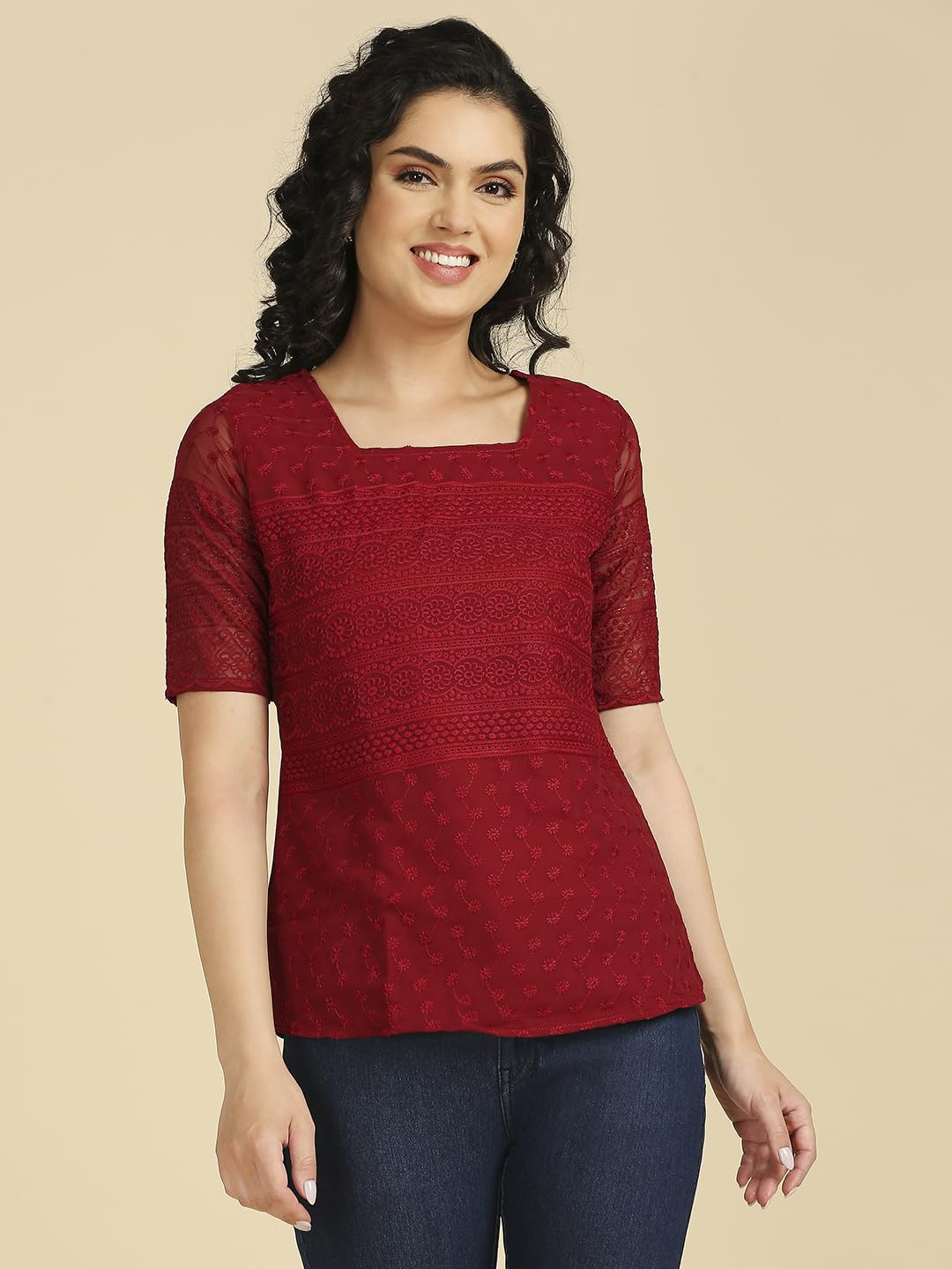 Gufrina WomenS Georgette Top With 3/4Th Sleeves Square Neck Embroidery Work Solid Pattern Regular Fit And Standard Length