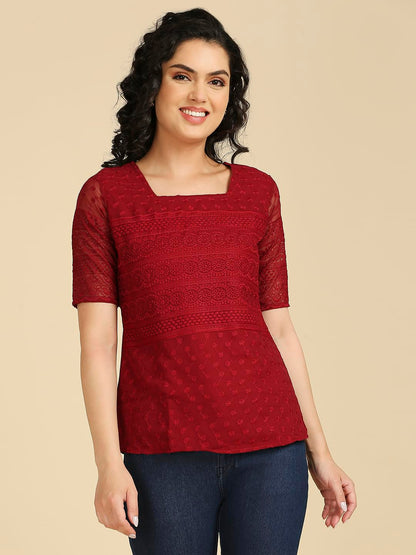 Gufrina WomenS Georgette Top With 3/4Th Sleeves Square Neck Embroidery Work Solid Pattern Regular Fit And Standard Length