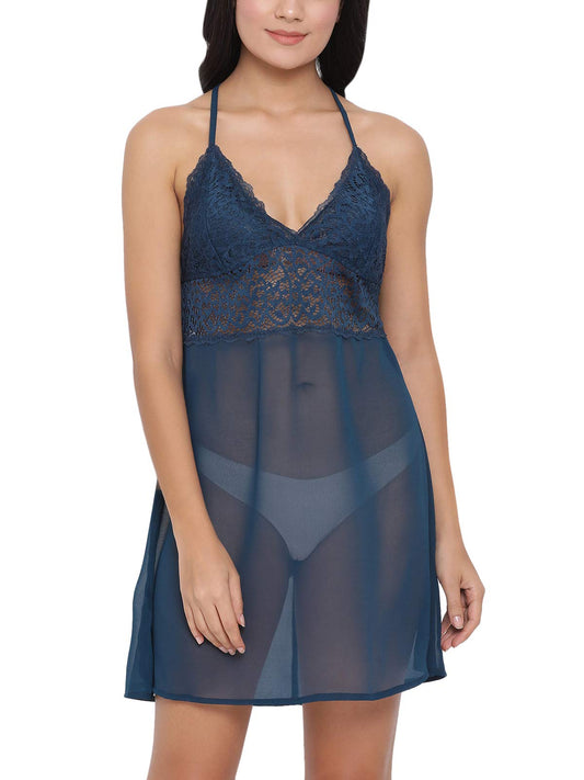 Clovia Womens Net Solid Knee Length Babydoll Sleepwear (NS1273P08XL_Blue_XL)