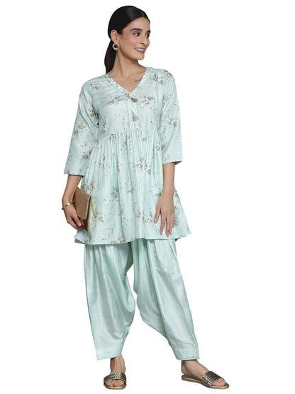 Libas Sea Green Printed Silk Blend A-Line Kurta With Salwar