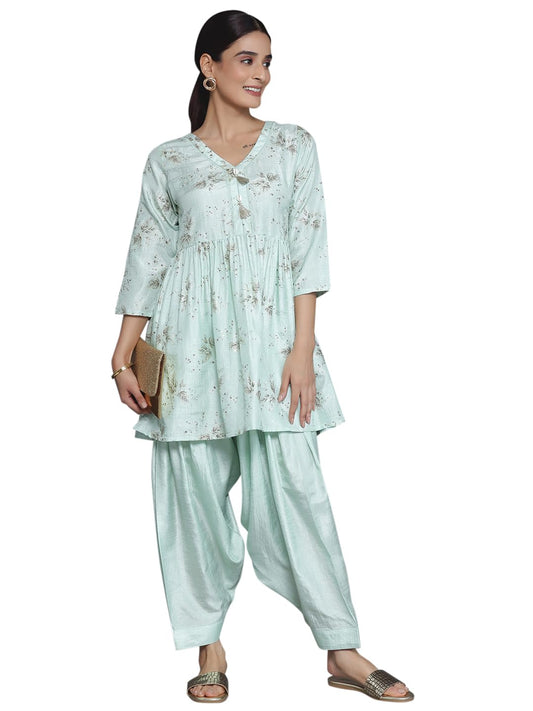 Libas Sea Green Printed Silk Blend A-Line Kurta With Salwar